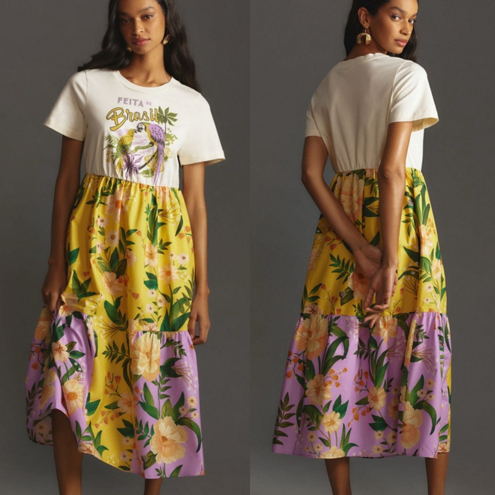 Farm Rio Tiered Maxi Shirt Yellow Dress Size L Petite